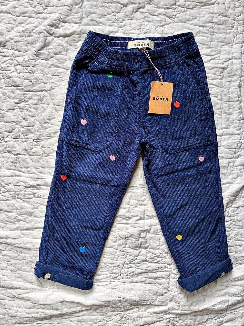 NWT Mini Boden Corduroy Pants with Embroidered Apples, Size 4-5Y